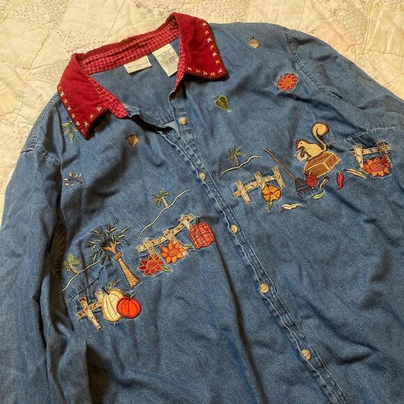 white stag blue denim collared fall grandma button up pumkins scarecrows 18/20 - Picture 2 of 8